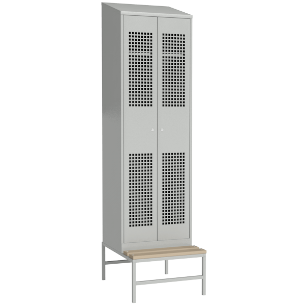 Перфорированный металлический шкаф для хранения одежды с наклонной крышей на подставке со скамьей светло-серый (RAL 7035)