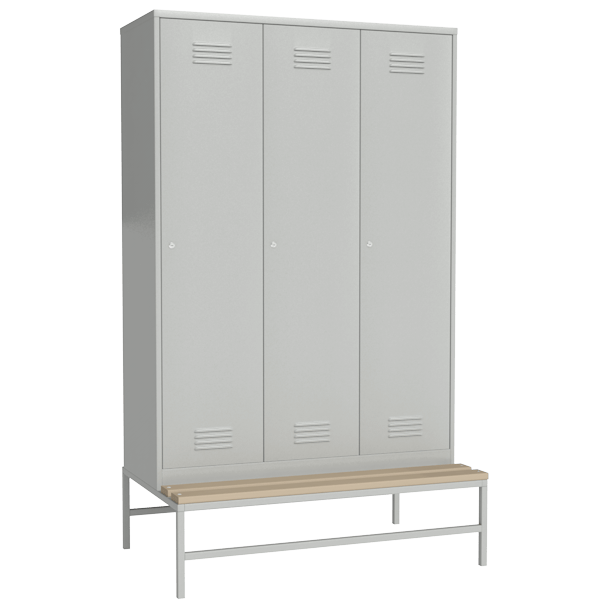 Шкаф металлический для хранения сменной одежды на подставке со скамьей светло-серый (RAL 7035)